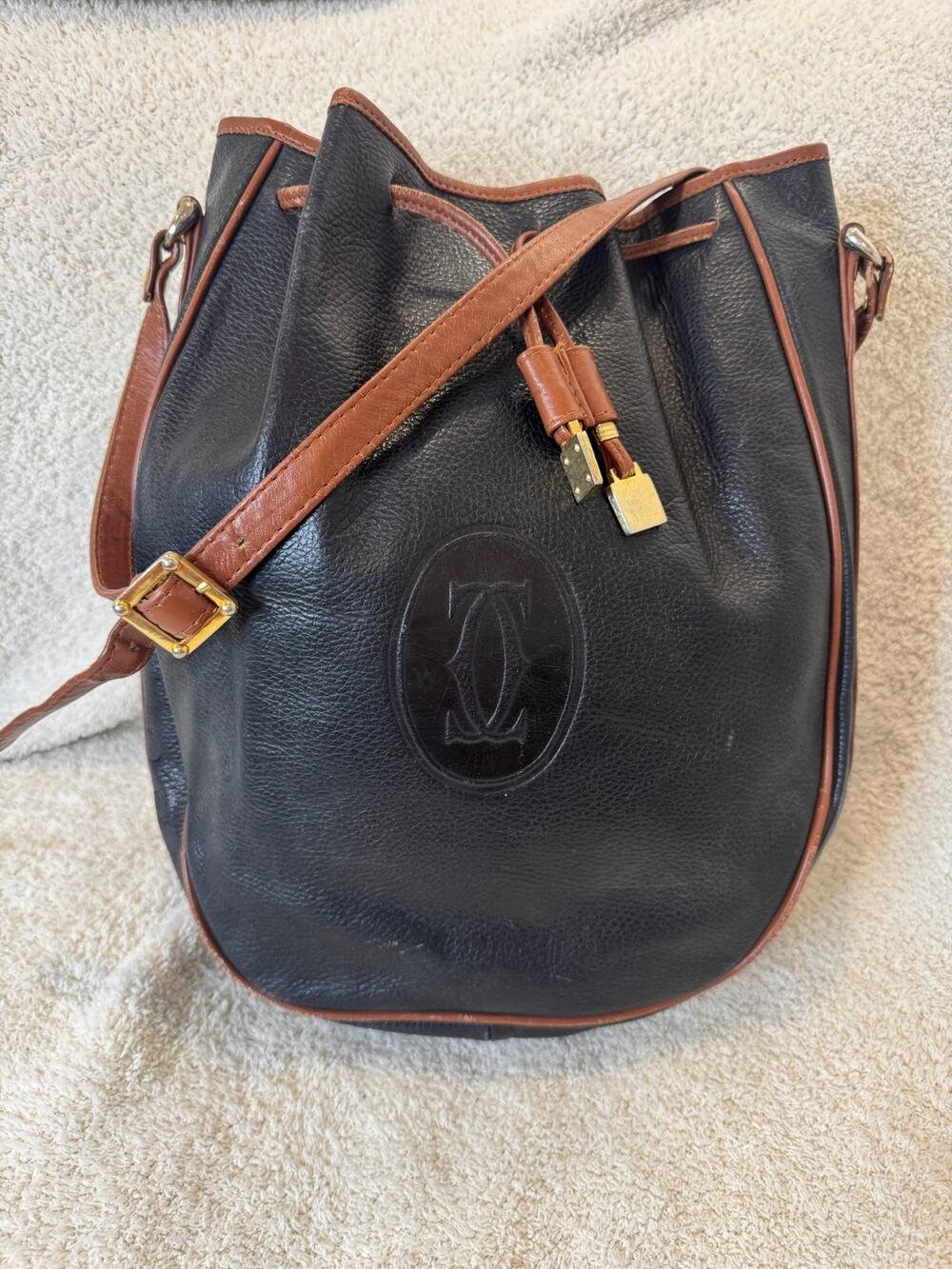 Vintage Cartier Seau Leather Bucket Bag Drawstring Shoulder Purse Black Brown